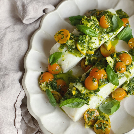 Halibut with Meyer Lemon + Sungold Tomato Salsa Verde